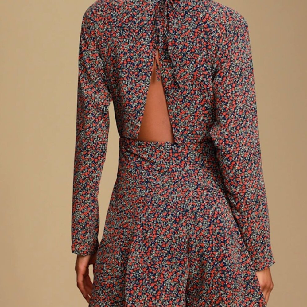 Lulus 30% Pm Marlow Navy Blue Floral Print Long Sleeve Backless Romper